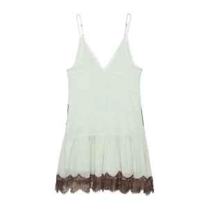 Mint green spaghetti strap summer dress with elegant dark brown lace hem detail