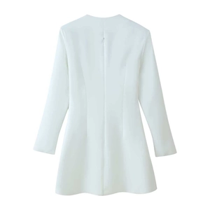 Elegant white long sleeve dress with stand collar and button detail back view