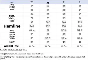 Detailed size chart for tweed dress with measurements for bust, waist, and length