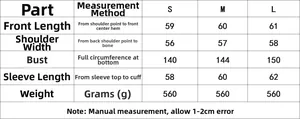 Detailed sizing chart showing front length and chest measurements for olive green puffer jacket