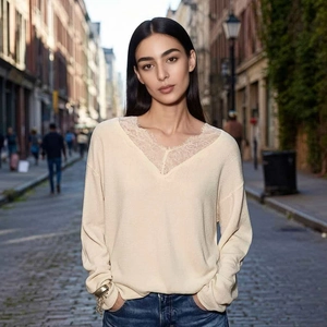 Pull en Tricot Élégant pour Femmes Col en V avec Patchwork en Dentelle Manches Longues Haut Souple pour Mode Décontractée