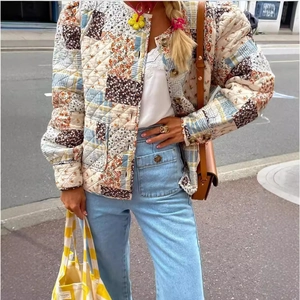 Bohemian style patchwork quilted floral jacket with long sleeves and round collar for women