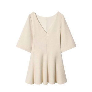 Elegant tweed A-line dress with V-neckline and bell sleeves in oatmeal white tone
