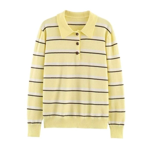 Vintage yellow polo collar striped knit sweater with long sleeves and ribbed cuffs