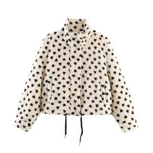 Veste Mode Femme Col Montant en Polaire Sherpa Avec Motif Cœur Décontracté Manches Longues Zippée Manteau Automne Hiver