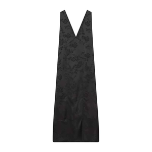 Women Elegant Black Floral Jacquard Maxi Dress Deep V-Neck Sleeveless Polyester Satin Feel Long Vest Dress Casual Evening