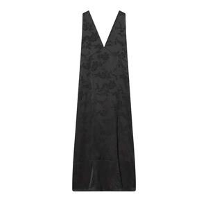 Elegant black long dress with vintage dark floral jacquard and deep V-neck strap design