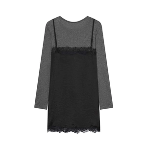 Women's chic grey long sleeve dress featuring black satin lace trim overlay design