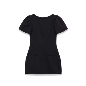 Chic black round neck short dress with puff sleeves and symmetrical front pockets