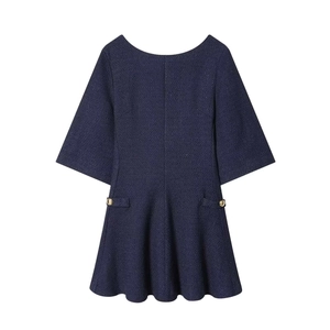 Elegant navy blue tweed short sleeve dress with gold button details and ruffled hemline