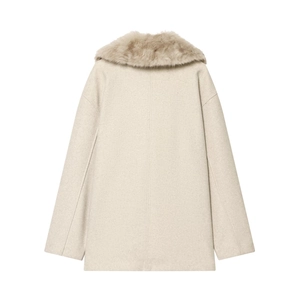 Manteau élégant en laine beige pour femmes avec col en fausse fourrure marron, vue de dos