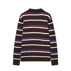 Detailed back view of a long-sleeved polo knit sweater with brown and blue stripes