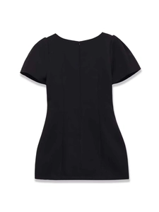 Detail of a short-sleeved black mini dress featuring a concealed back zipper and A-line cut