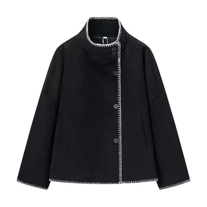 Kurze schwarze Wolljacke für Damen mit Stehkragen und weißen Kontrastnähten
