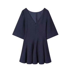 Elegant navy blue tweed mini dress with back V-neckline and stylish flared short sleeves