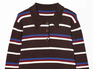 Close-up of retro polo collar and colorful striped knit pattern on brown sweater