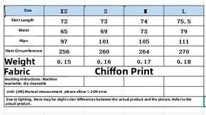 Detailed size chart with XS-L dimensions for the polka dot asymmetrical chiffon skirt