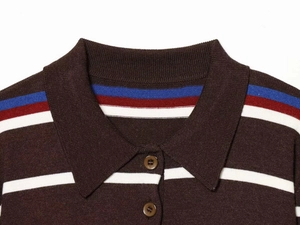 Close-up of polo collar and tricolor stripe pattern on dark brown knit sweater