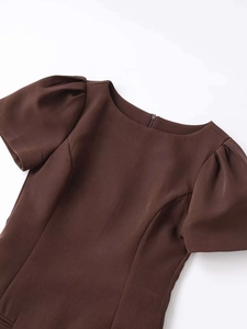 Detailed close-up of dark brown mini dress with puff sleeves and back zipper closure