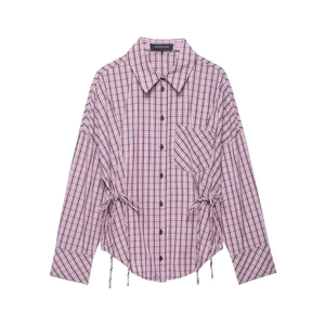 Women Vintage Plaid Long Sleeve Shirt Retro Pink Brown Checkered Drawstring Waist Button Up Blouse Casual Commuter Tops