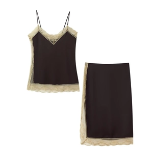 Ensemble Top Caraco et Jupe Midi en Polyester Satiné Style Européen pour Femmes Avec Bordure en Dentelle Contrastée Col en V