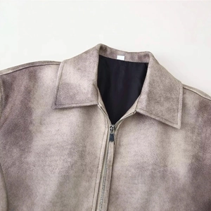 Vintage style collared jacket with distressed brown-grey finish and metal zipper