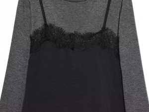 Detail shot of the delicate eyelash lace trim on a layered grey and black camisole top