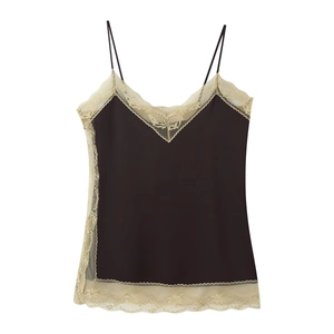 Haut caraco élégant en satin noir avec dentelle beige et fines bretelles réglables