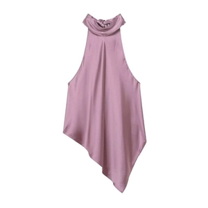 Elegant sleeveless halter neck satin top with draped cowl neck and asymmetric hem