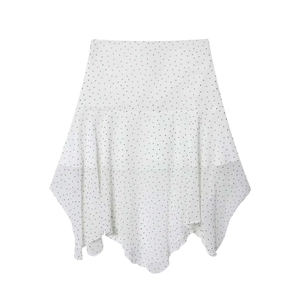 Polka dot asymmetrical chiffon midi skirt with ruffled hemline in elegant white and black