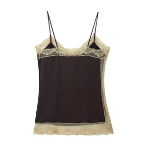 Top caraco en satin marron café pour femme avec dentelle beige et fines bretelles