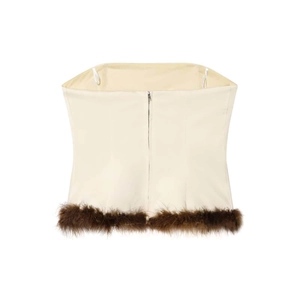 Sleeveless cream tube top with brown faux fur trim and rear zipper closure