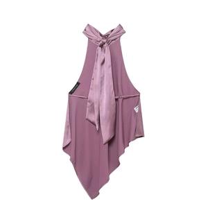 Detailed view of lavender satin halter top with elegant bow tie and asymmetric hemline