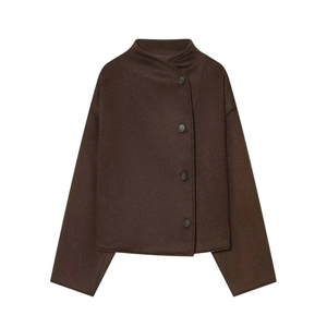 Veste en Laine Élégante Brun Chocolat pour Femmes Minimaliste Col Montant Asymétrique Manches Longues Boutons Manteau Court
