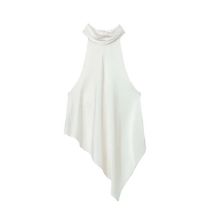 Elegant white satin halter top with a cowl neck and asymmetrical hemline for women