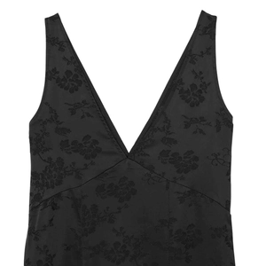 Elegant black deep V-neck dress with sophisticated floral jacquard fabric patterns