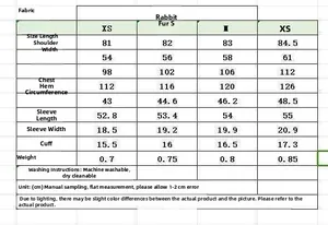 Detailed size guide table for women's faux fur coat with measurements in centimeters