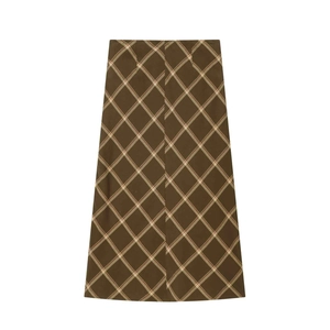 Classic brown plaid A-line skirt with vintage irregular pattern and wool-like texture