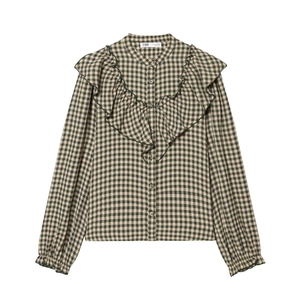 Women's green gingham long sleeve shirt with vintage ruffle layers and mandarin collar