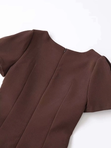 Close-up of the back hidden zipper and round neck of a dark brown pleated mini dress