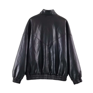 Back view detail of black faux leather bomber jacket with stand collar and V-seam stitching