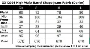 Detailed size chart for high waist barrel jeans with measurements for XS to L sizes
