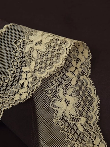 Gros plan sur un tissu en dentelle florale beige avec motifs ajourés et bords festonnés