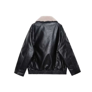 Black PU leather jacket with beige fleece collar shown from a rear perspective