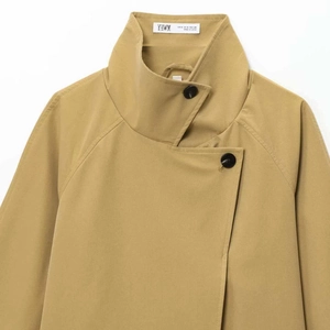 Classic khaki twill jacket featuring a high stand collar and elegant button closure