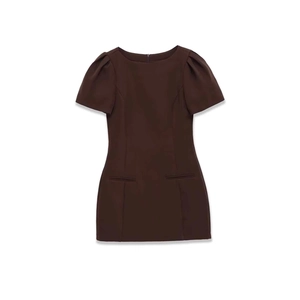 Short sleeve dark brown slim fit mini dress with puff sleeves and decorative pockets