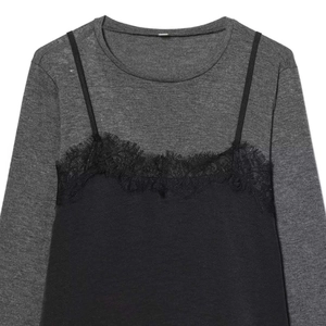 Fashionable dark grey knit top with black eyelash lace trim camisole layered detail