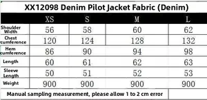 Tabella taglie per giacca bomber in denim con misure di spalle, busto e lunghezza