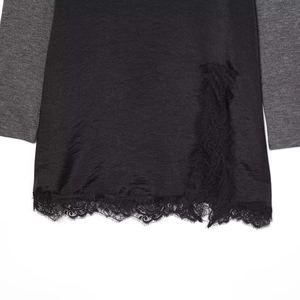 Elegant black velvet midi dress featuring grey knit sleeves and delicate eyelash lace trim
