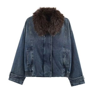Giacca di Jeans Vintage Blu Scuro da Donna Con Collo in Pelliccia Sintetica Marrone Cappotto Corto Casual Autunno Inverno